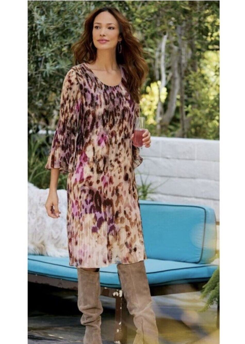 Soft Surroundings Women’s Ballia Leopard Print Shift Dress Pleated Chiffon XS